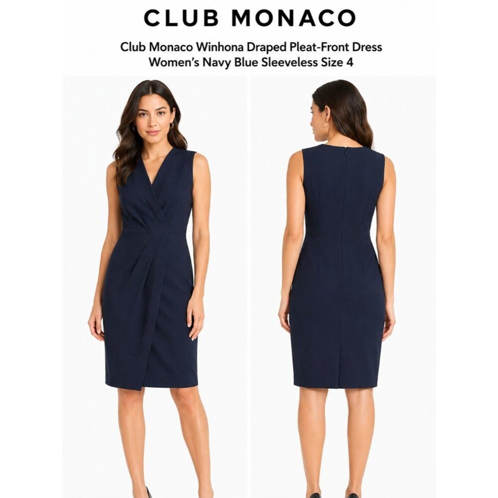 Club Monaco Winhona Pleated Wrap Sheath Dress Women's Navy Sleeveless Size 4
